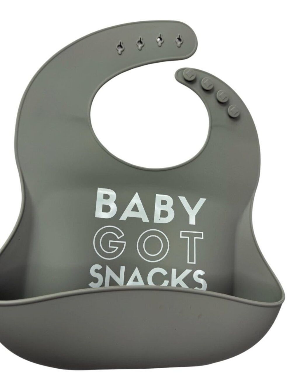 Baby Silicone Bib Gray.  "Baby Got Snacks."  By Ava + Oliver